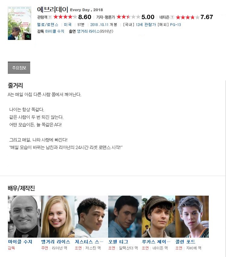 A는 매일 아침 다른 사람 몸에서 깨어난다. 나이는 항상 똑같다. 같은 사람이 두 번 되진 않는다. 어떤 모습이든, 늘 똑같은 A다! 그리고 매일, 나와 사랑에 빠진다! 매일 모습이 바뀌는 남친과 리아넌의 24시간 리셋 로맨스 시작!